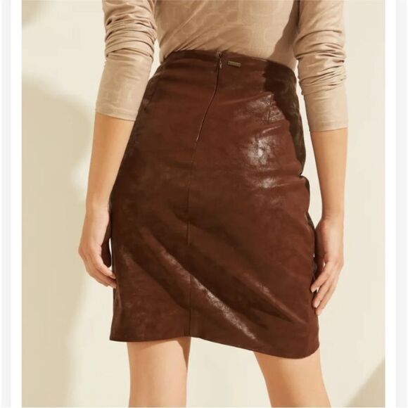 Guess Rosalba Brown Pleated Faux Leather Mini Skirt | Size M - Picture 2 of 8